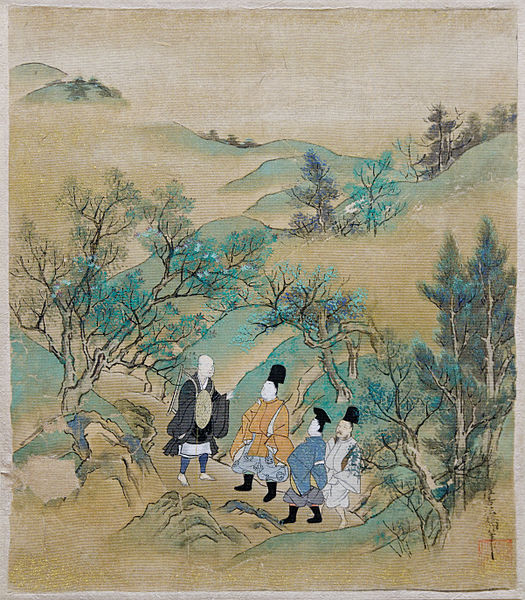 Episode 9 of the Tales of Ise: journeying to the East, the hero gives a poem to a hermit on mount Utsu; corresponding calligraphy by a courtier.