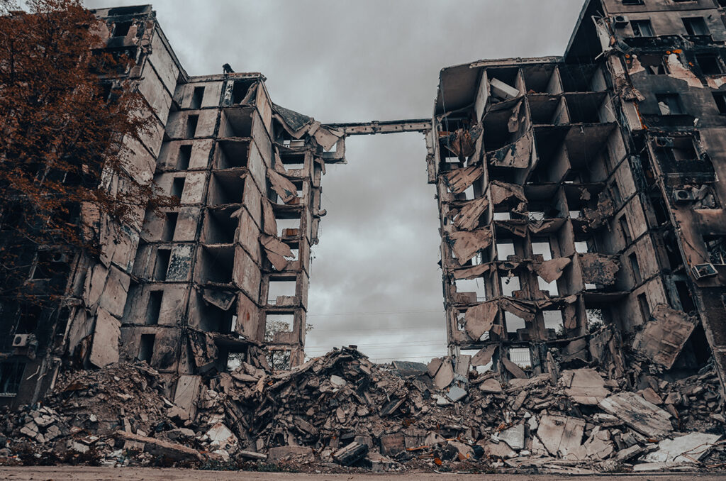 destroyed and burned houses in the city Russia Ukraine war